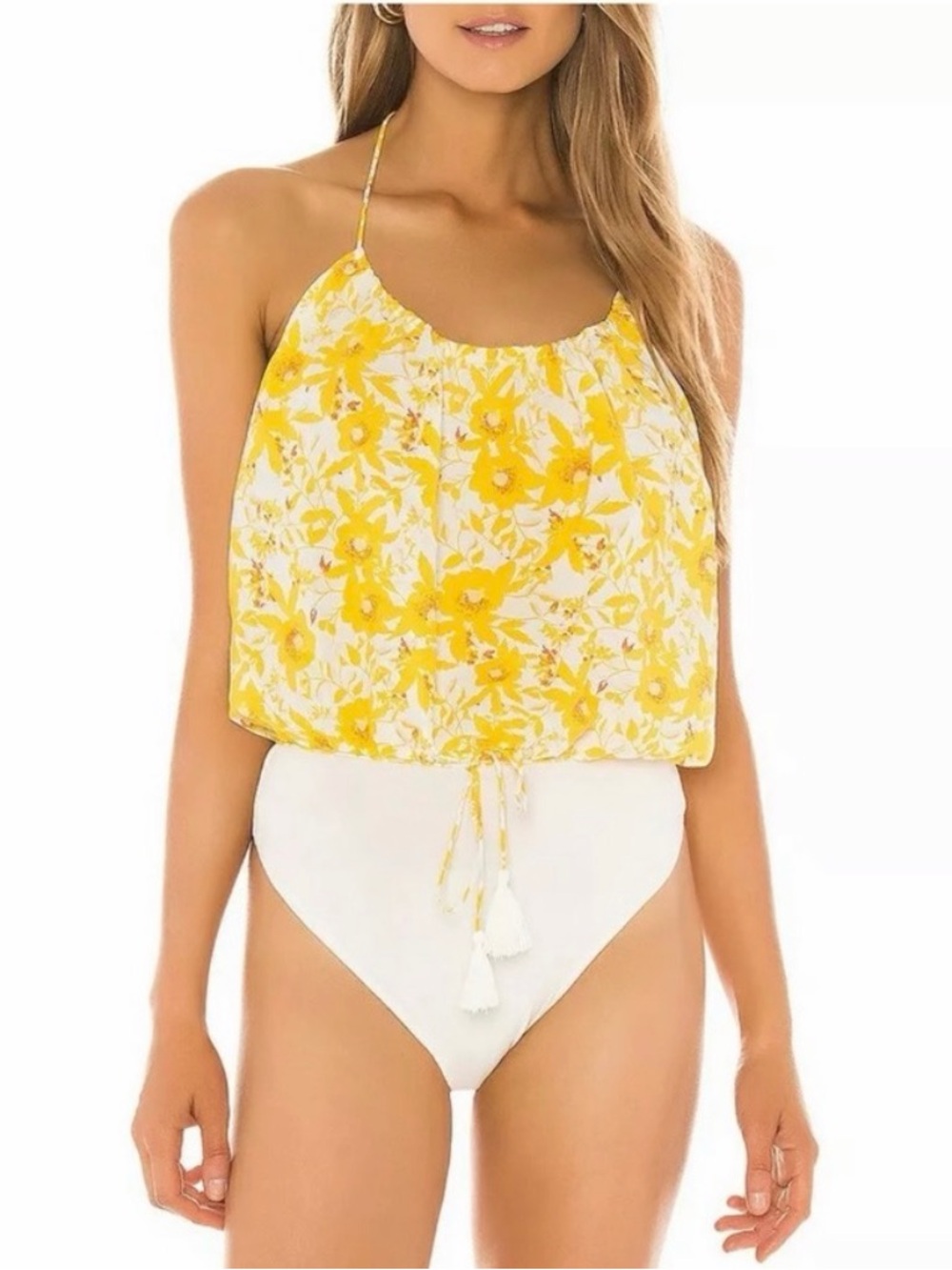 Free People Yellow Floral Halter Bodysuit